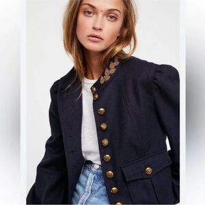 Free People Wool Regan Puff Sleeve Military Jacket Blazer Size S